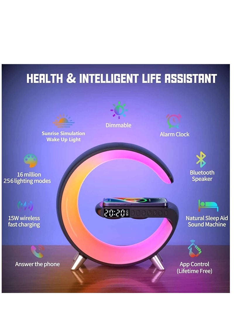 Wireless Charger Atmosphere Lamp, RGB Color Changing Mood Light with Time Display, 256 Modes and 16 Million Light Colors, Bluetooth Speaker Desk Lamp with Alarm Clock, Ideal Choice for Friends - Image 2