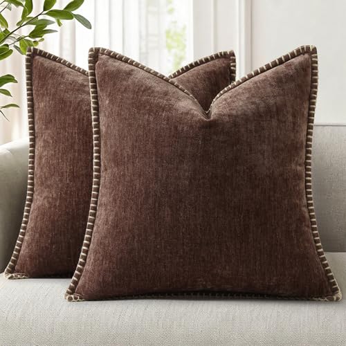 decorUhome Chenille Soft Cozy Throw Pillow Covers 16x16 Set of 2 Modern Farmhouse Boho Velvet Decorative Pillow Cases with Stitched Edge for Couch Sofa Bed Home Decor Chocolate - Image 1
