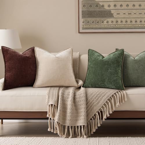 decorUhome Chenille Soft Cozy Throw Pillow Covers 16x16 Set of 2 Modern Farmhouse Boho Velvet Decorative Pillow Cases with Stitched Edge for Couch Sofa Bed Home Decor Chocolate - Image 3