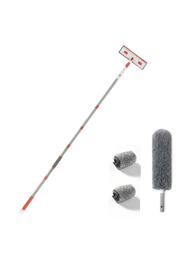 Y&D 5-Section Pole White/Orange Double-Sided Window Cleaner Rod With Scraper Tool With 2 Pcs Replacement Cloth And 1 Pcs Superfine Fiber Duster Head - Image 1