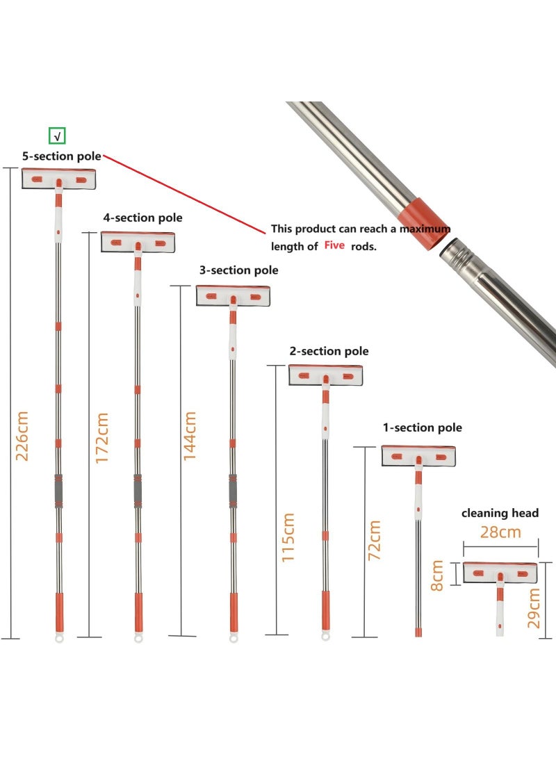 Y&D 5-Section Pole White/Orange Double-Sided Window Cleaner Rod With Scraper Tool With 2 Pcs Replacement Cloth And 1 Pcs Superfine Fiber Duster Head - Image 2