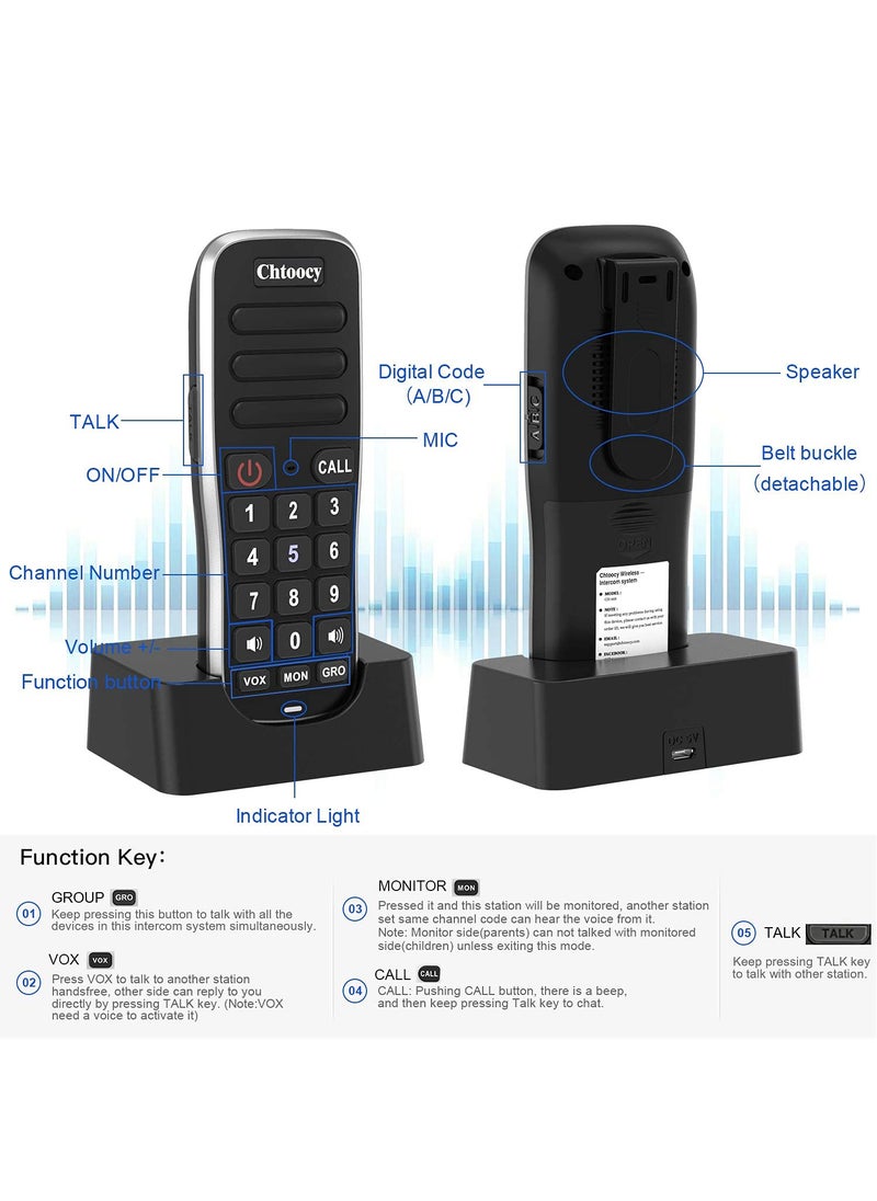 Chtoocy Chtoocy Rechargeable Intercoms Wireless for Home 5280 Feet Range 10 Channel, Handheld Wireless Intercom System for Home Business Office, Room to Room Communication System Expandable (4 Packs, Black)  - Image 3