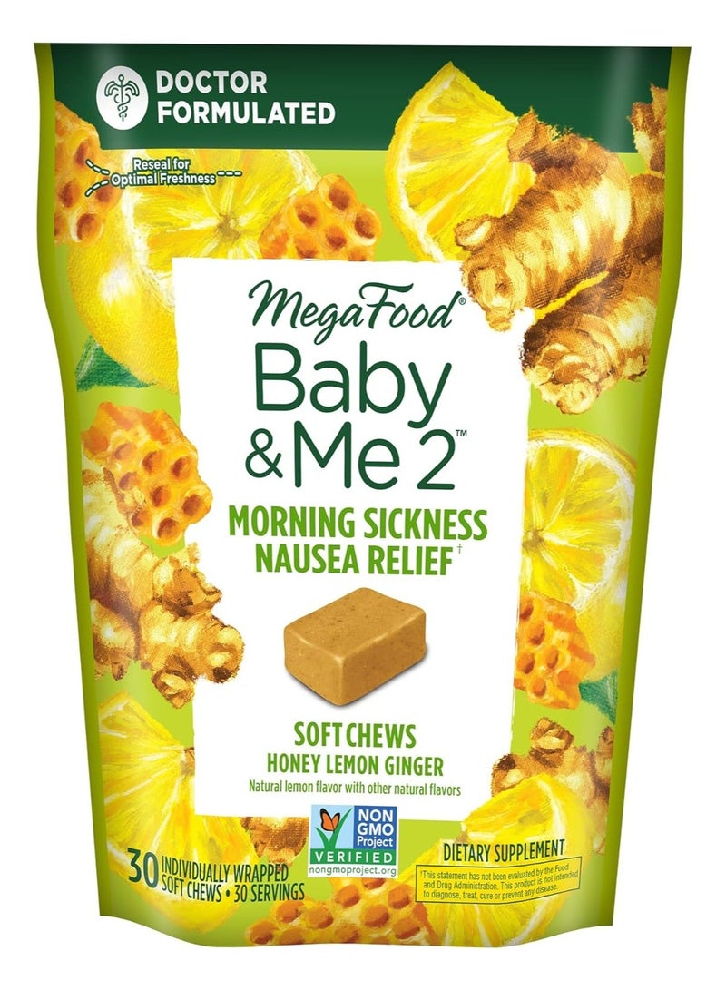 MegaFood Baby & Me  Morning Sickness Nausea Relief,With Ginger and B6, Individually Wrapped Soft Chews, Honey Lemon Ginger, Natural Lemon Flavor with other natural flavors, Dietary Supplement, 30 Chews | 30 Servings - Image 1