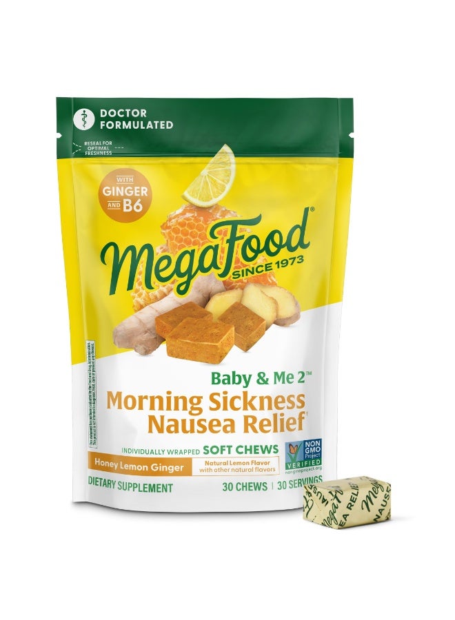 MegaFood حلوى لينة لتخفيف غثيان الصباح قبل الولادة من Baby & Me 2 - تحتوي على الزنجبيل الحقيقي وفيتامين ب6 - نباتية - مصنوعة بدون 9 مسببات للحساسية الغذائية - بنكهة العسل والليمون والزنجبيل - 30 حلوى - Image 1