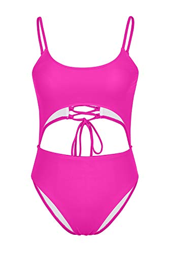 Meyeeka Ladies Summer Sexy Swimwear High Waist Hollow Out One Piece Athletic Bathing Suit Rosy L - Image 5