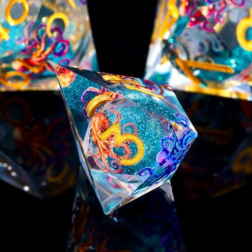 Froggod Octopus Liquid Core DND Dice Set 7Pcs Sharp Edge DD Dice with Gift Box for Dungeons and Dragons RPG MTG D and D Role Playing Blue Resin - Image 5