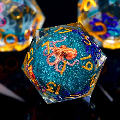 Froggod Octopus Liquid Core DND Dice Set 7Pcs Sharp Edge DD Dice with Gift Box for Dungeons and Dragons RPG MTG D and D Role Playing Blue Resin - Image 1
