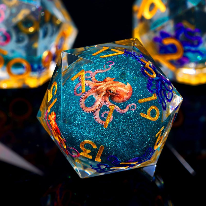 Froggod Octopus Liquid Core DND Dice Set 7Pcs Sharp Edge DD Dice with Gift Box for Dungeons and Dragons RPG MTG D and D Role Playing Blue Resin - Image 3