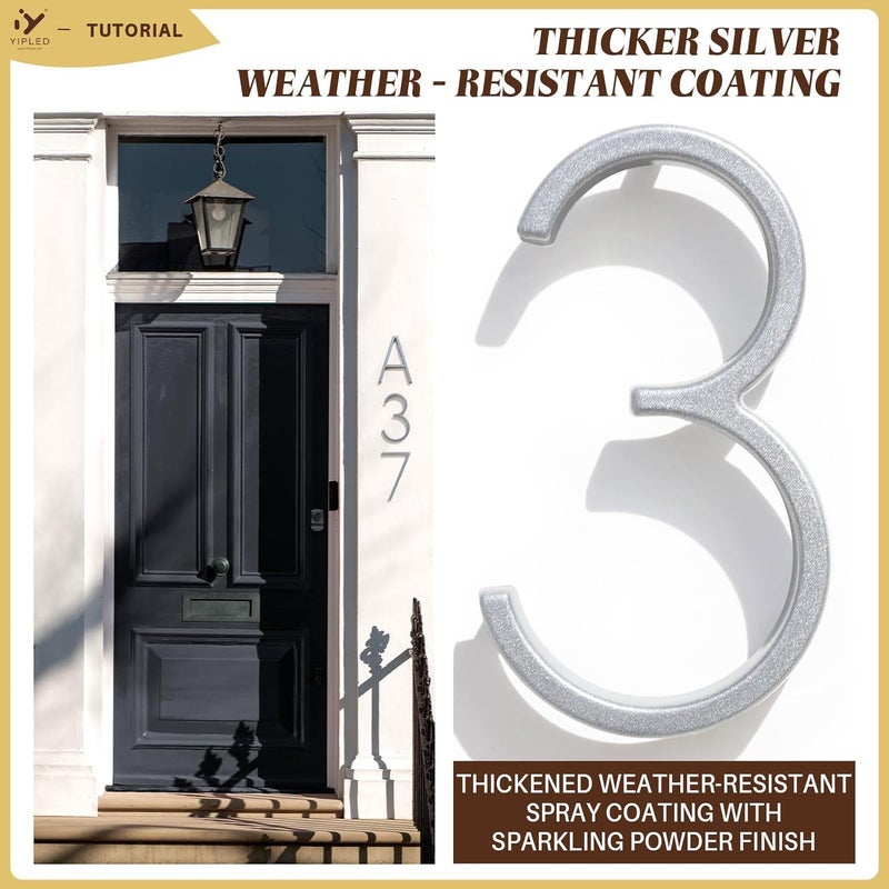 YIPLED 5 Inch House Numbers for Outside, Metal Address Number 0 - Modern Design, Weather-Resistant Silver Powder Coated Finish, No Fading (Silver) - Image 2