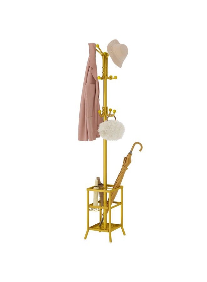 FAVOOSTY Coat Rack Freestanding,Coat Rack Stand with Umbrella Holder,Metal Coat Rack with 12 Hooks,Tree Clothes Hat for Entryway,Hallway,Living Room,Bedroom, Office To Hang Clothes-Glod - Image 1