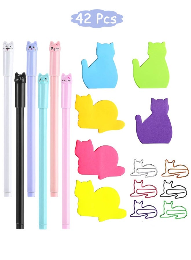 جي دي مجموعة أدوات مكتبية مدرسية لطيفة على شكل قطة، 42 قطعة، تتضمن 6 ألوان من الملاحظات اللاصقة اللطيفة على شكل قطط، و30 مشبك ورق على شكل قطة، و6 أقلام على شكل قطة، إكسسوارات مكتبية للعمل والمدرسة (قطة لطيفة). - Image 1