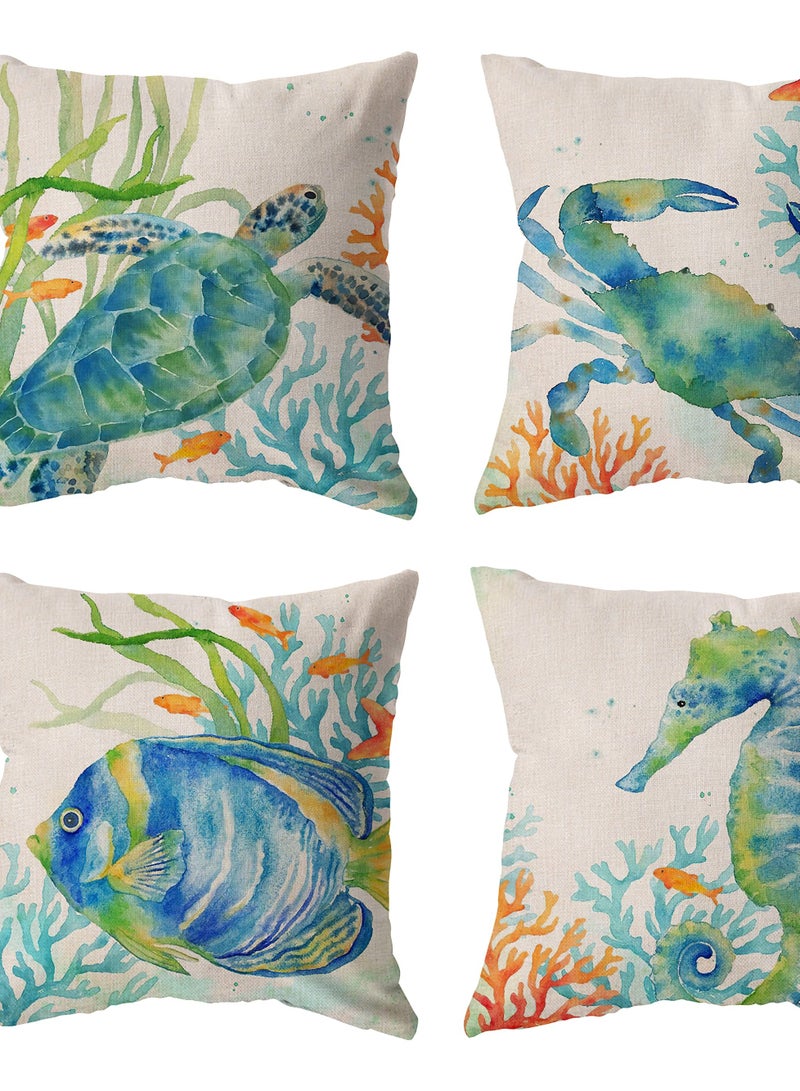 Excefore Coastal Throw Pillow Covers, Set of 4, 18x18 Inch Ocean Beach Pillows Cover with Sea Turtle, Seahorse, Fish, Crab Designs, Summer Theme Decor for Patio, Couch, Sofa - Image 4