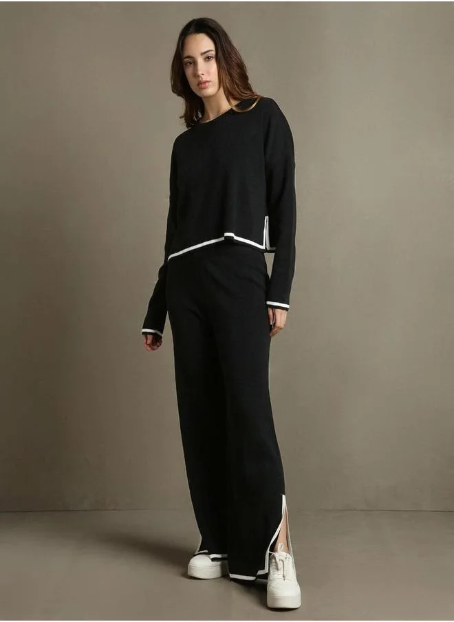 Dennis Lingo Solid Knitted Long Sleeve Crop Top & Trousers Co-Ords by Styli