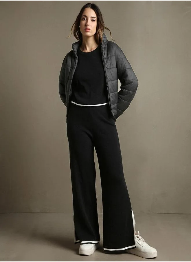 Dennis Lingo Solid Knitted Long Sleeve Crop Top & Trousers Co-Ords by Styli