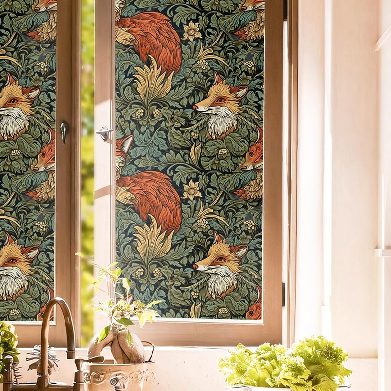 REDAMANCY Vintage William Morris Leaf Plants Fox Stained Glass Window Films Decorative Double-Side Privacy Film Self-Adhesive Static Glass Window Clings for Living Room Bathroom Glass Windows Decor - Image 1