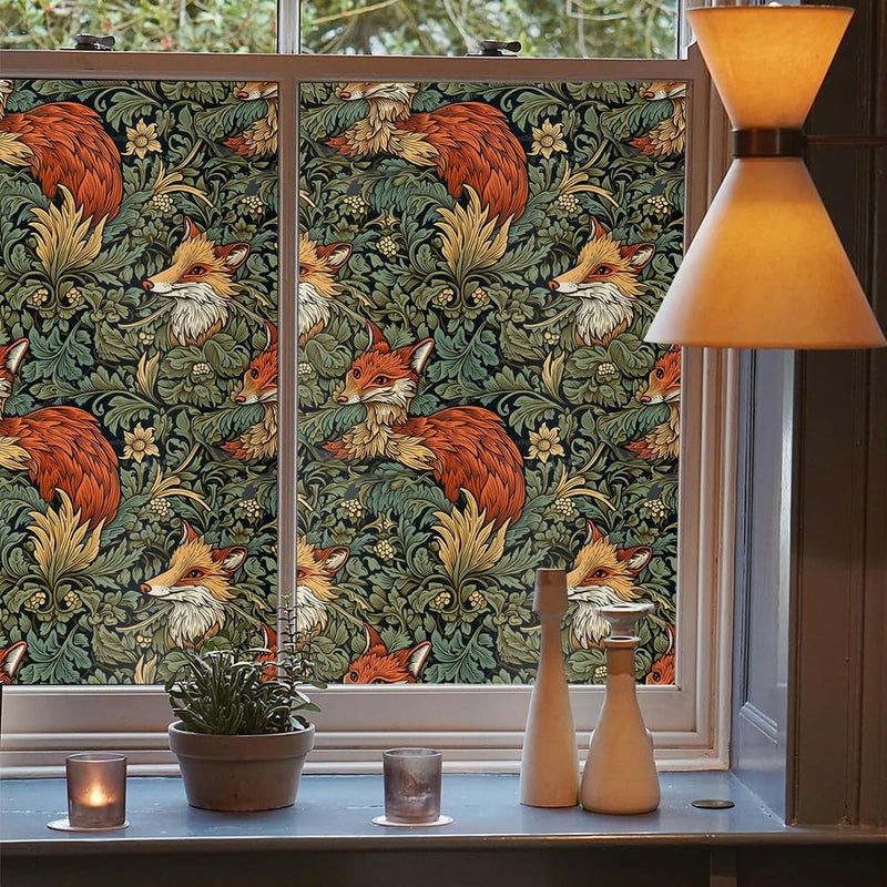 REDAMANCY Vintage William Morris Leaf Plants Fox Stained Glass Window Films Decorative Double-Side Privacy Film Self-Adhesive Static Glass Window Clings for Living Room Bathroom Glass Windows Decor - Image 3