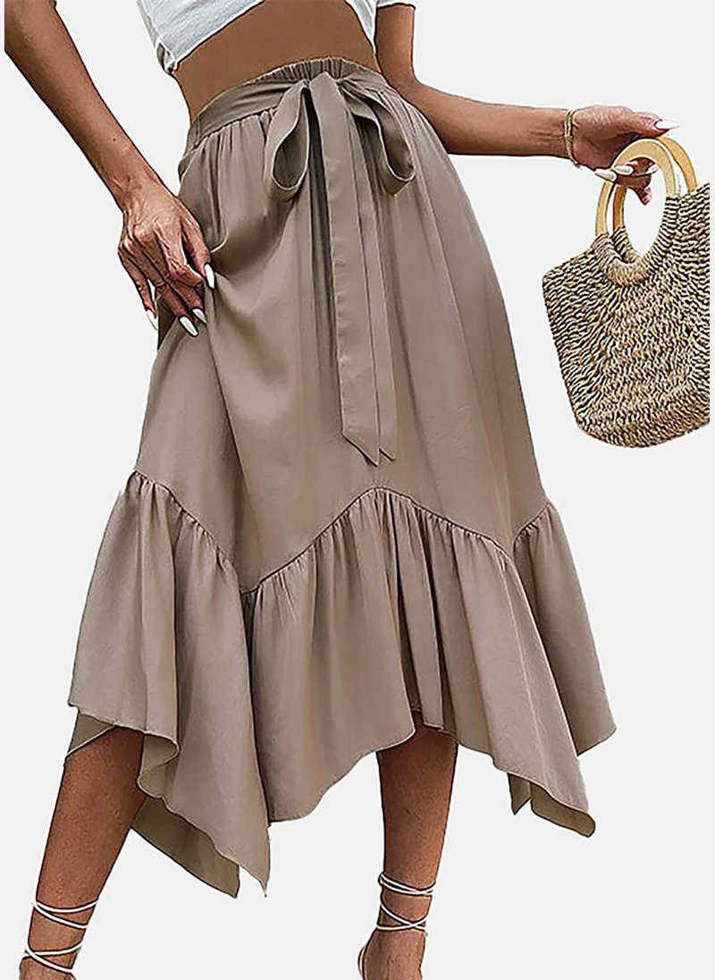 YUNIQEE Brown Fit & Flare Solid Midi Skirt