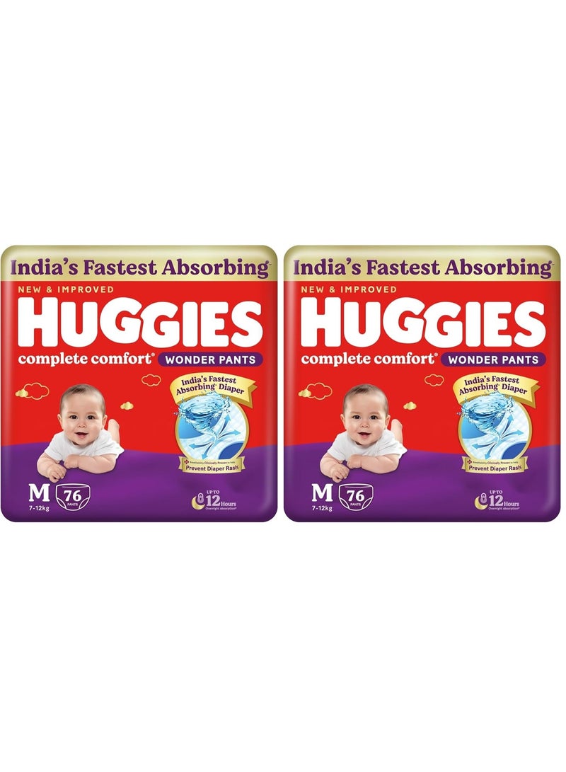 Huggies Complete Comfort Wonder Pants | Pant Style Baby Diapers Medium Size (M), 76*2 Count | India's Fastest Absorbing Diaper, Prevents Diaper Rash, Ideal for 7 to 12 Kgs (Pack of 2) - Image 1