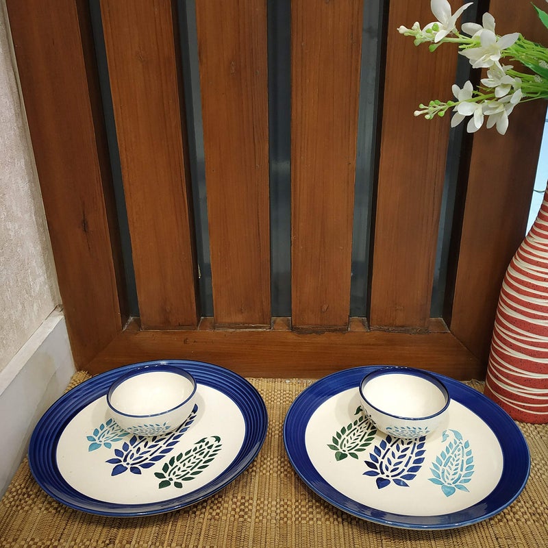 Caffeine Ceramic Handmade Blue Boota Combo Dinner Set (4 pcs.) - Image 2