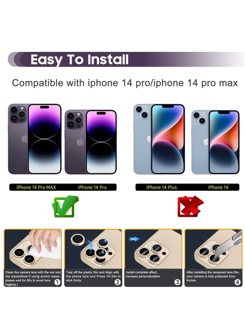 Camera Lens Protector, Set with Diamonds Bling Camera Cover Tempered Glass for iPhone 14 Pro Max /14 Pro [Perfectly Fit] - Diamond Gold  - Image 2