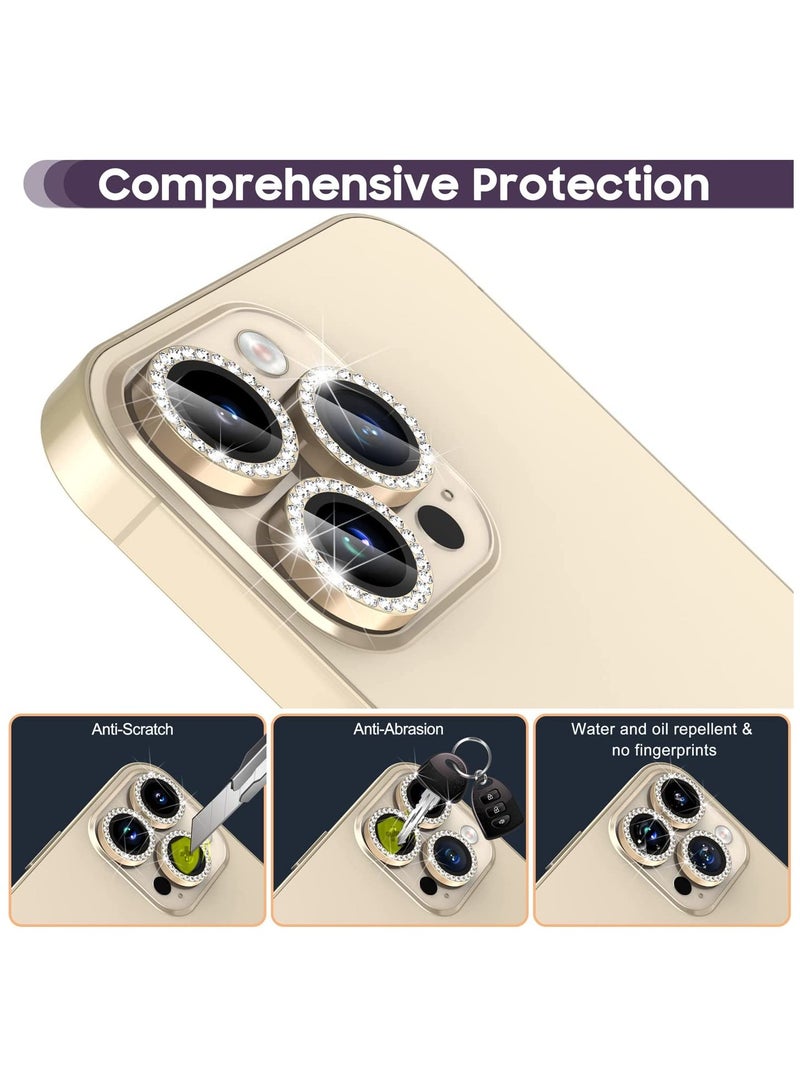 Camera Lens Protector, Set with Diamonds Bling Camera Cover Tempered Glass for iPhone 14 Pro Max /14 Pro [Perfectly Fit] - Diamond Gold  - Image 4