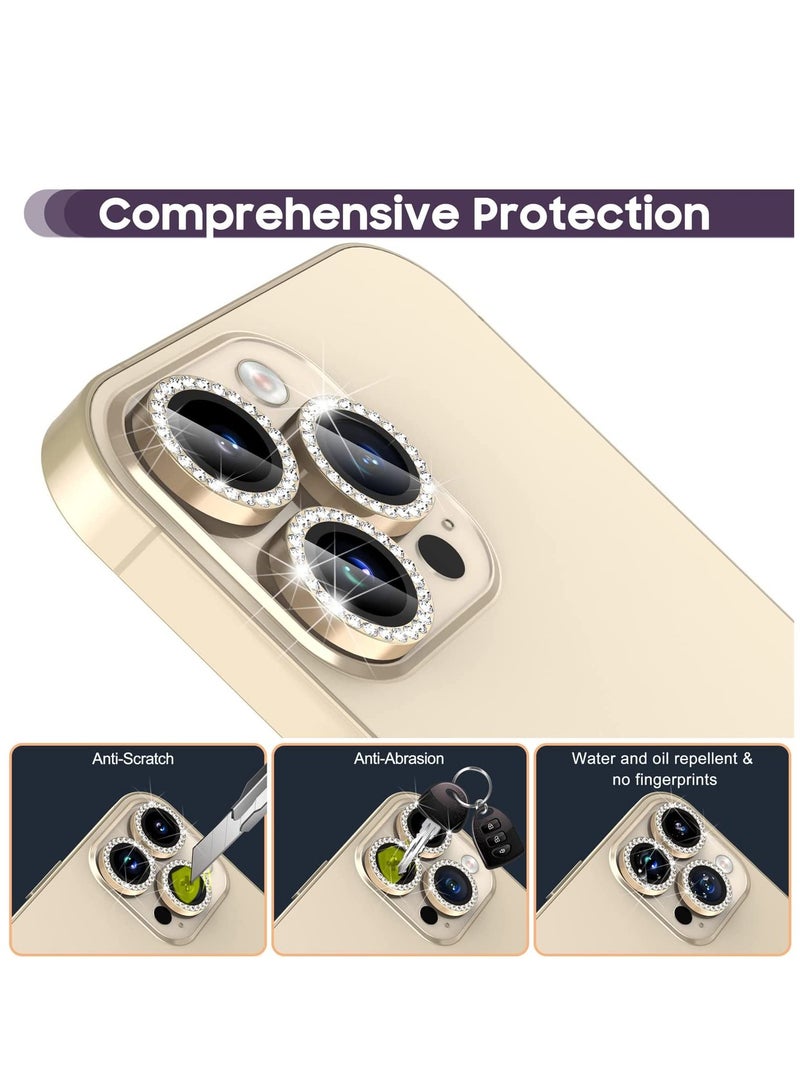 Camera Lens Protector, Set with Diamonds Bling Camera Cover Tempered Glass for iPhone 14 Pro Max /14 Pro [Perfectly Fit] - Diamond Gold  - Image 5