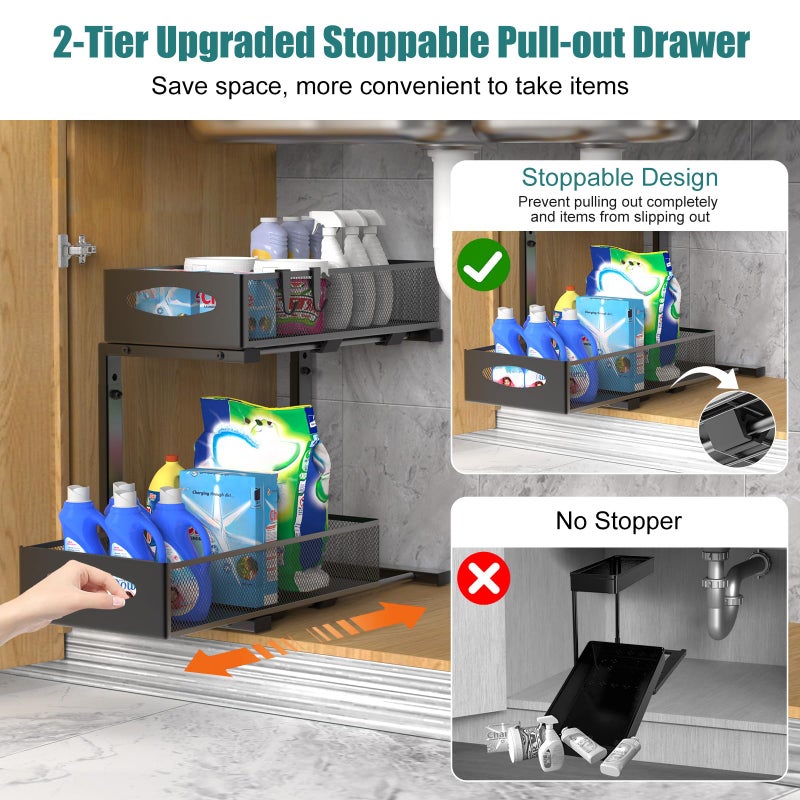 Housolution 2 Pack Under Sink Organizer, 2 Tier Metal Pull Out Under Sink Storage with Sliding Mesh Drawers, Height Adjustable Slide Out Under Sink Organizer for Kitchen Bathroom Cabinet, Black - Image 4