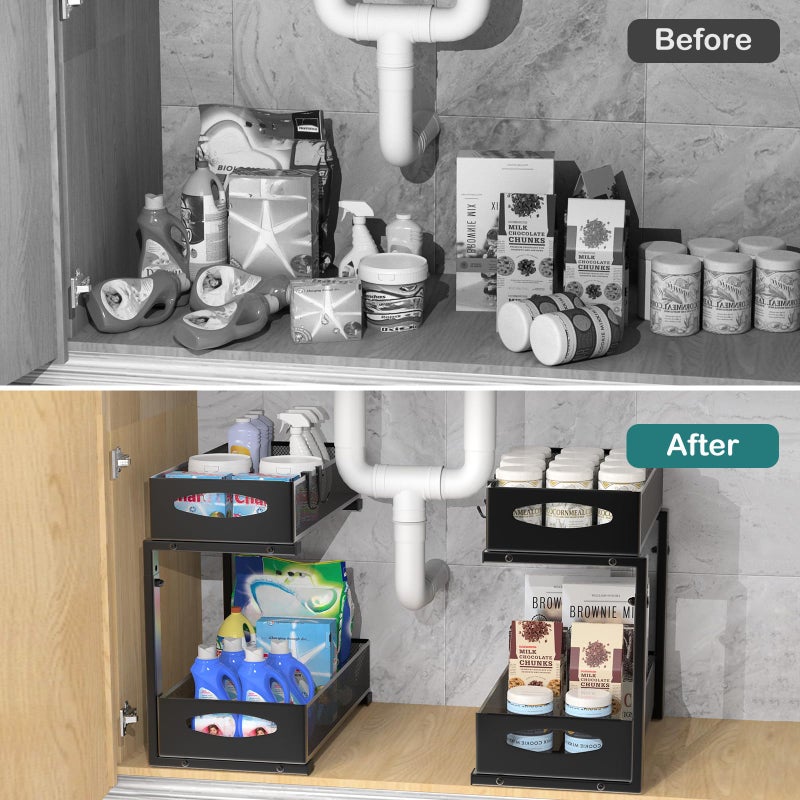 Housolution 2 Pack Under Sink Organizer, 2 Tier Metal Pull Out Under Sink Storage with Sliding Mesh Drawers, Height Adjustable Slide Out Under Sink Organizer for Kitchen Bathroom Cabinet, Black - Image 3