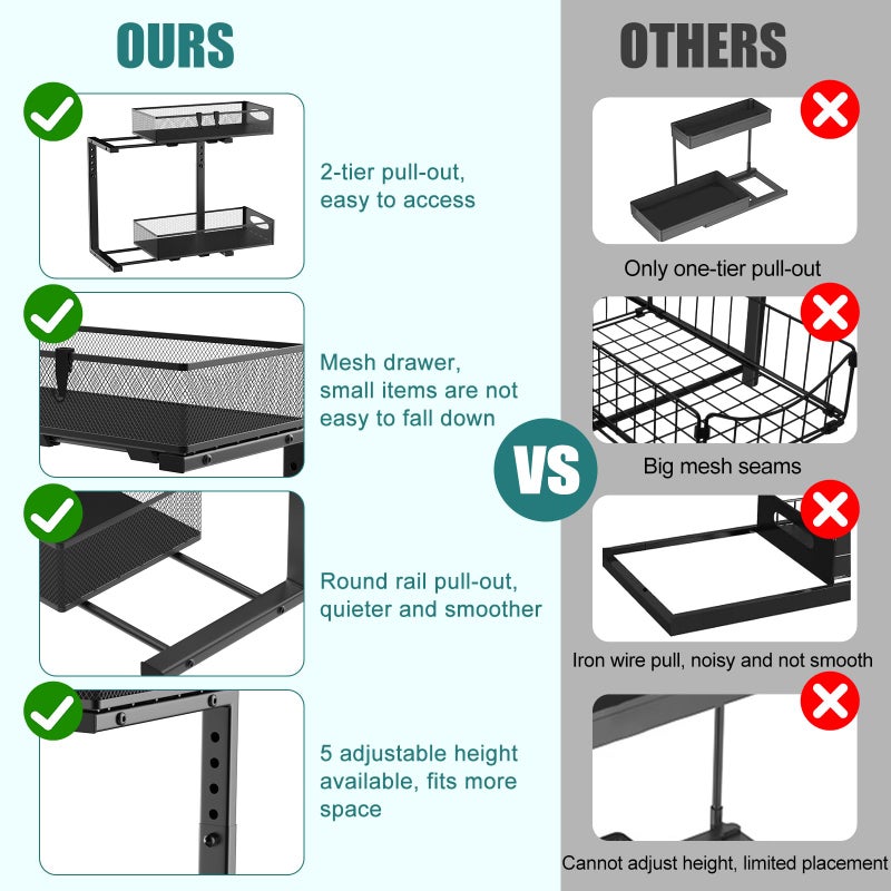 Housolution 2 Pack Under Sink Organizer, 2 Tier Metal Pull Out Under Sink Storage with Sliding Mesh Drawers, Height Adjustable Slide Out Under Sink Organizer for Kitchen Bathroom Cabinet, Black - Image 5