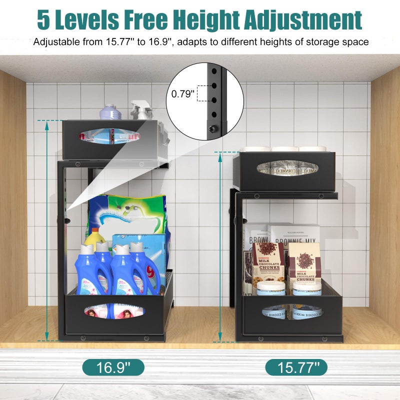 Housolution 2 Pack Under Sink Organizer, 2 Tier Metal Pull Out Under Sink Storage with Sliding Mesh Drawers, Height Adjustable Slide Out Under Sink Organizer for Kitchen Bathroom Cabinet, Black - Image 2