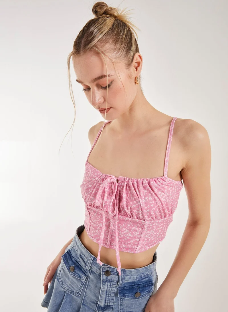 Pink Vanilla  Floral Tie Front Cami Cropped Top for Women | Best Price UAE