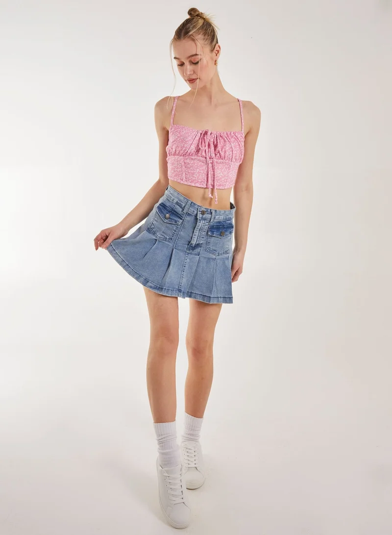 Pink Vanilla  Floral Tie Front Cami Cropped Top for Women | Best Price UAE
