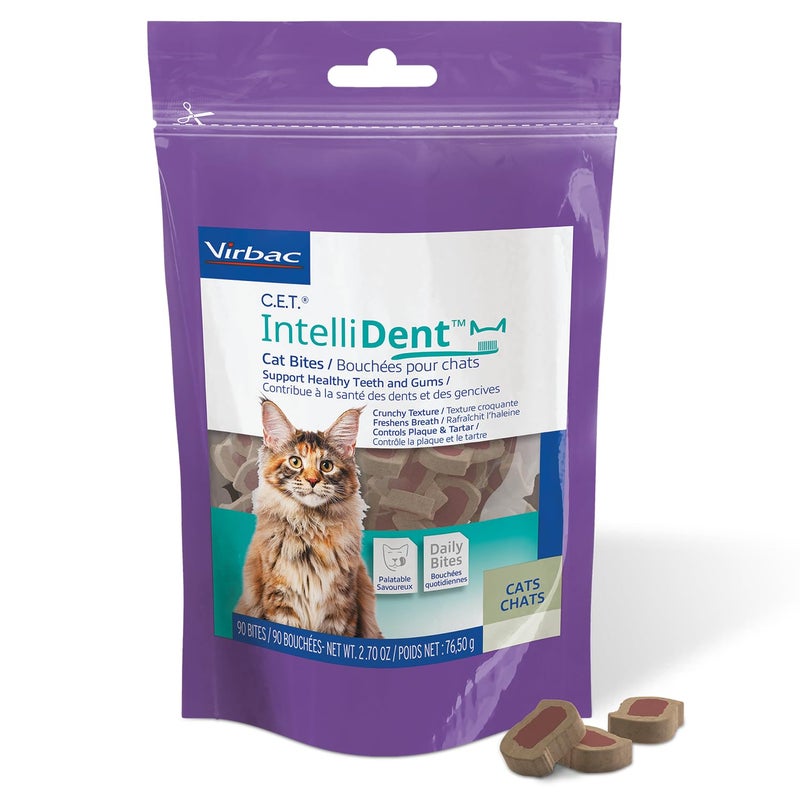 Virbac C.E.T. IntelliDent Cat Bites Dental Care Cat Treats for Healthy Teeth and Gums Fresh Breath Chicken Flavor 90 per Bag - Image 1