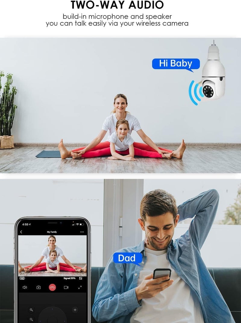 comfrt Wireless WiFi Light Bulb Camera Security Camera, 2Pack - 1080P WiFi Camera 2.4Ghz 360 Degree Outdoor Panoramic Bulb Camera, Light Bulb Camera with Night Vision 2-Way Audio, Motion Detection Alarm - Image 5