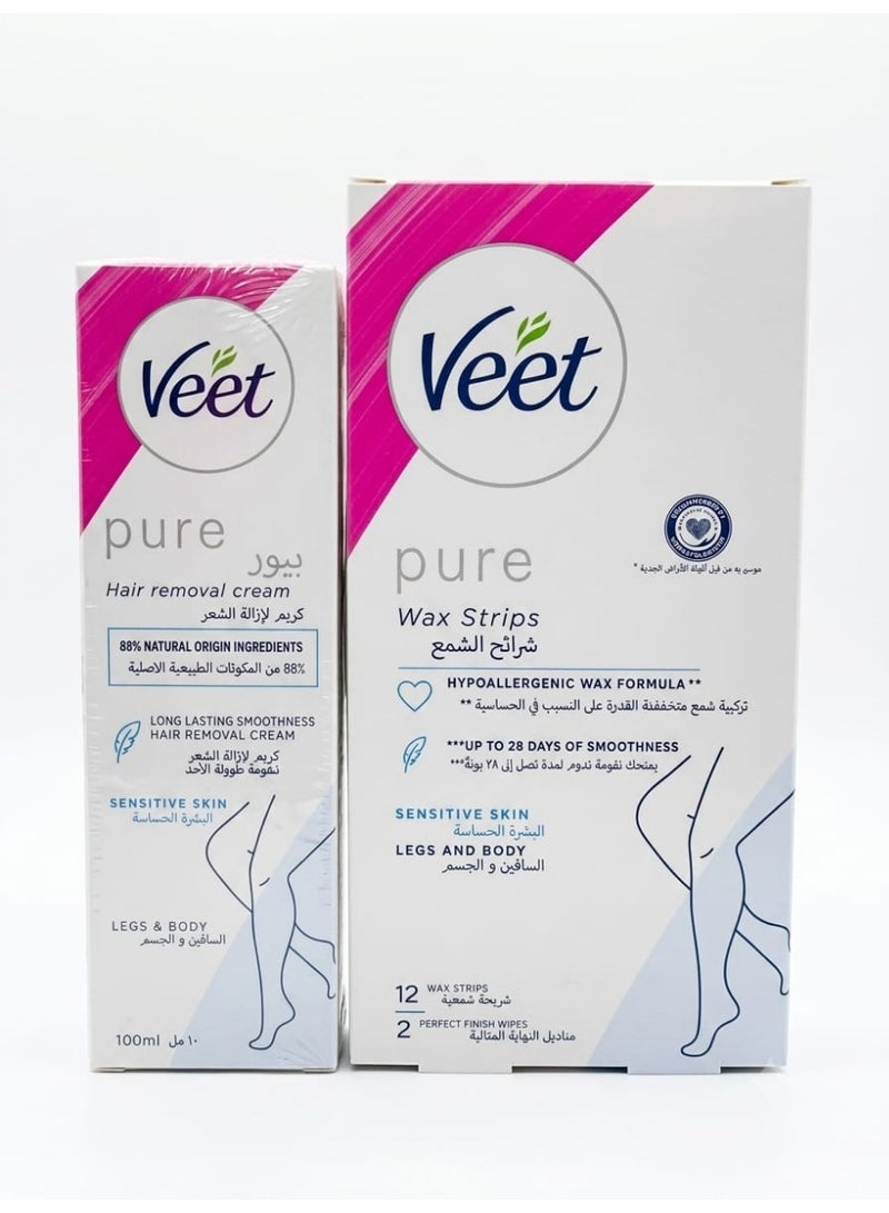 Veet Wax Strips for Sensitive Skin + Veet Cream for Sensitive Skin (100ml) (Packaging design may vary)