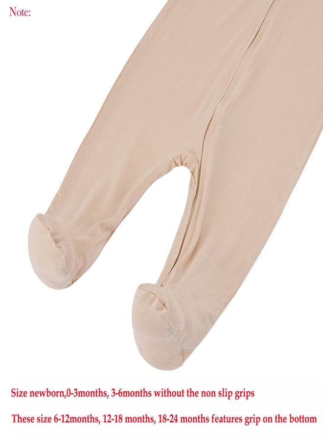 Aablexema Baby Zipper Pajamas Bamboo Rayon, 3pcs Unisex Infant Onesie with Mitten Long Sleeve Footed Pjs(Beige & Pink & Purple,Newborn) - Image 5