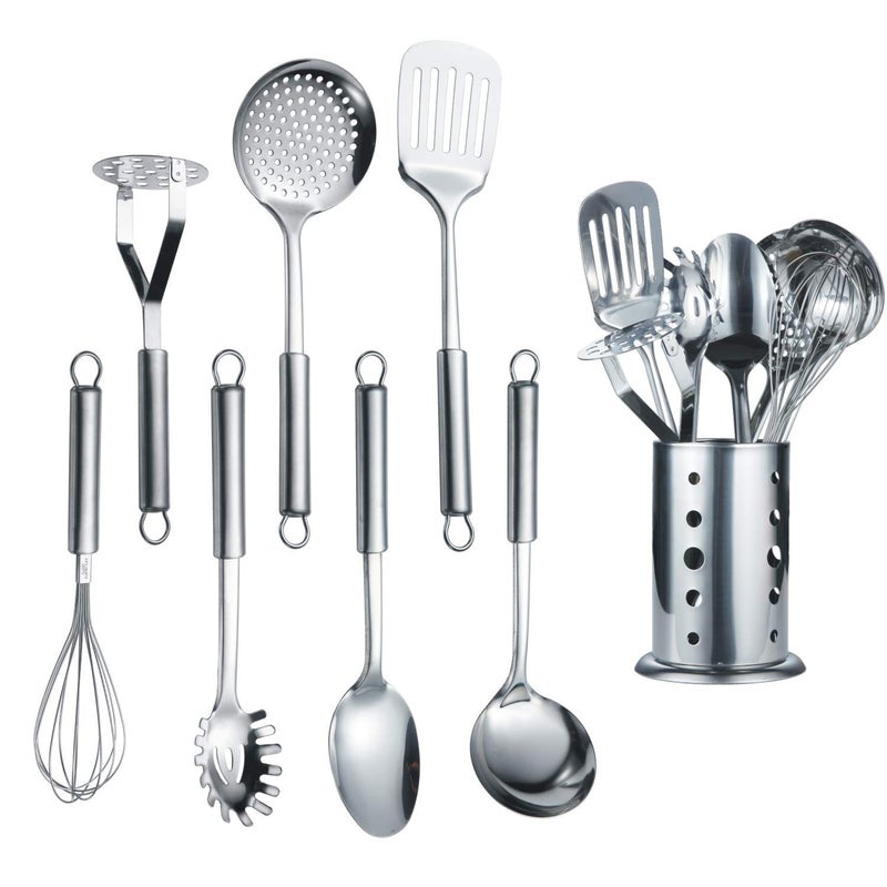 Berglander Cooking Utensil Set 8 Piece, Stainless Steel Kitchen Tool Set with Stand,Cooking Utensils, Slotted Tuner, Ladle, Skimmer, Serving Spoon, Pasta Server,Potato Maseher, Egg Whisk. ï¼ˆ8 Piecesï¼‰ - Image 1