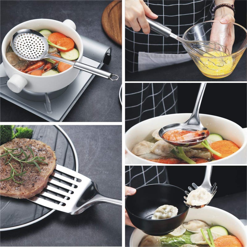 Berglander Cooking Utensil Set 8 Piece, Stainless Steel Kitchen Tool Set with Stand,Cooking Utensils, Slotted Tuner, Ladle, Skimmer, Serving Spoon, Pasta Server,Potato Maseher, Egg Whisk. ï¼ˆ8 Piecesï¼‰ - Image 5