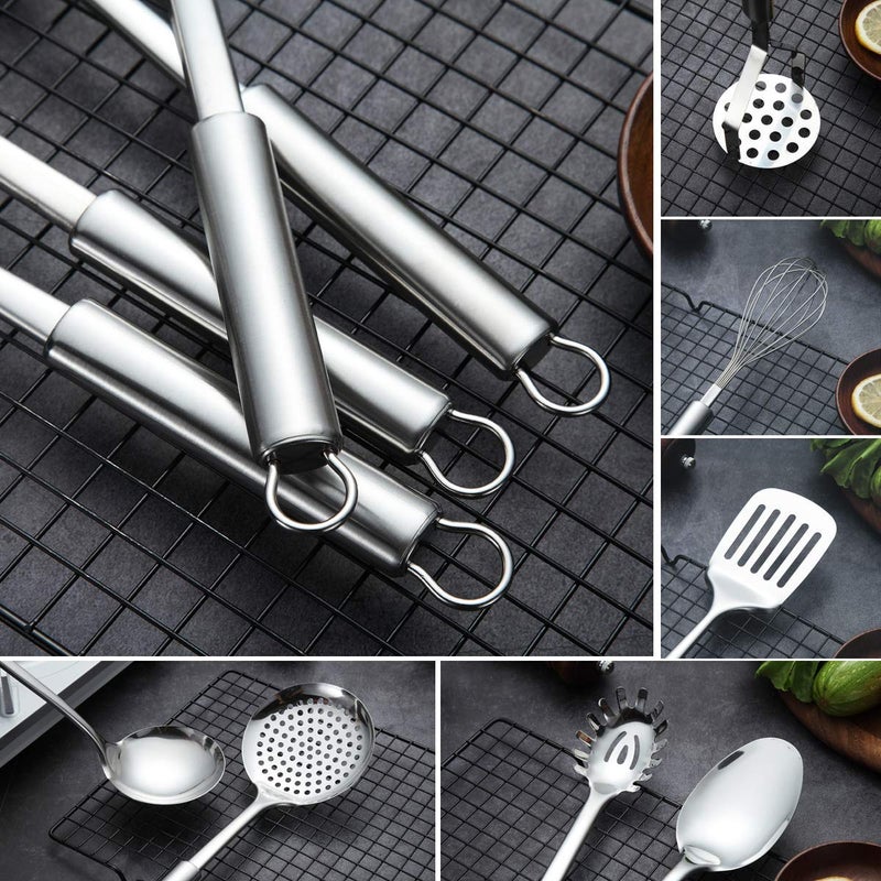 Berglander Cooking Utensil Set 8 Piece, Stainless Steel Kitchen Tool Set with Stand,Cooking Utensils, Slotted Tuner, Ladle, Skimmer, Serving Spoon, Pasta Server,Potato Maseher, Egg Whisk. ï¼ˆ8 Piecesï¼‰ - Image 4