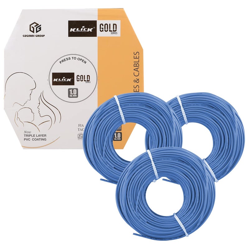 KLICK KLICK Copper Wire with Triple Layer PVC Coating Unilay Bunching Single Core Unsheathed Flexible Electric Cable for Domestic Industrial Connections Gold Series 10 mm 90m Long Blue 3 Pcs  - Image 1