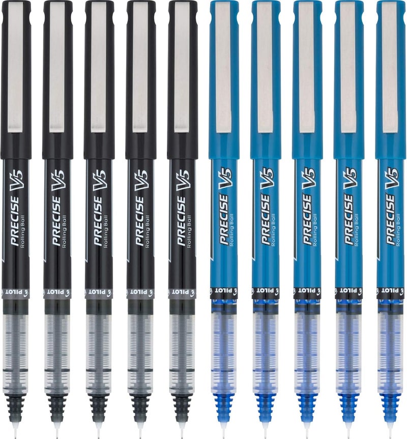 PILOT Precise V5 Rolling Ball Pen Extra Fine Point - 0.5mm - Bulk 10 Pack of 5 Black and 5 Blue Liquid Ink Rollerball Pens - Image 2