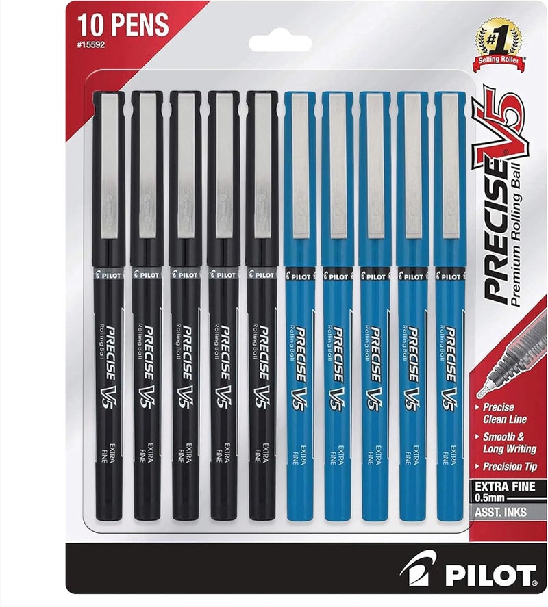 PILOT Precise V5 Rolling Ball Pen Extra Fine Point - 0.5mm - Bulk 10 Pack of 5 Black and 5 Blue Liquid Ink Rollerball Pens - Image 1