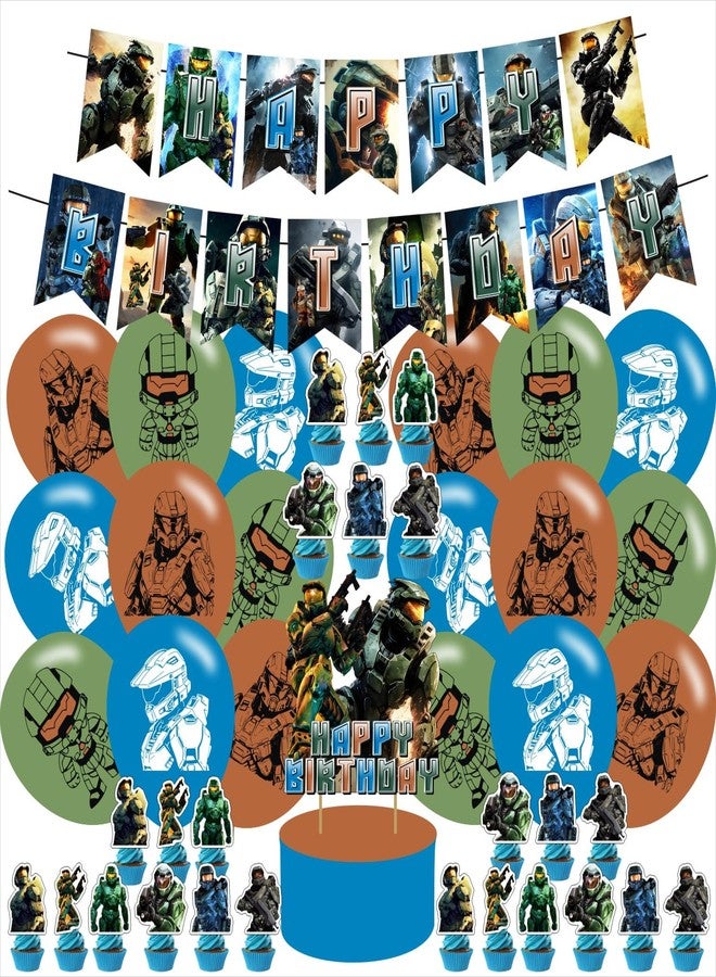 PINUO Chieftain Game Themed Birthday Party Supplies Set Happy Birthday Banner, Cake Topper, Cupcake Toppers, Balloons for Cartoon Game Kids Party Decorations - Image 1