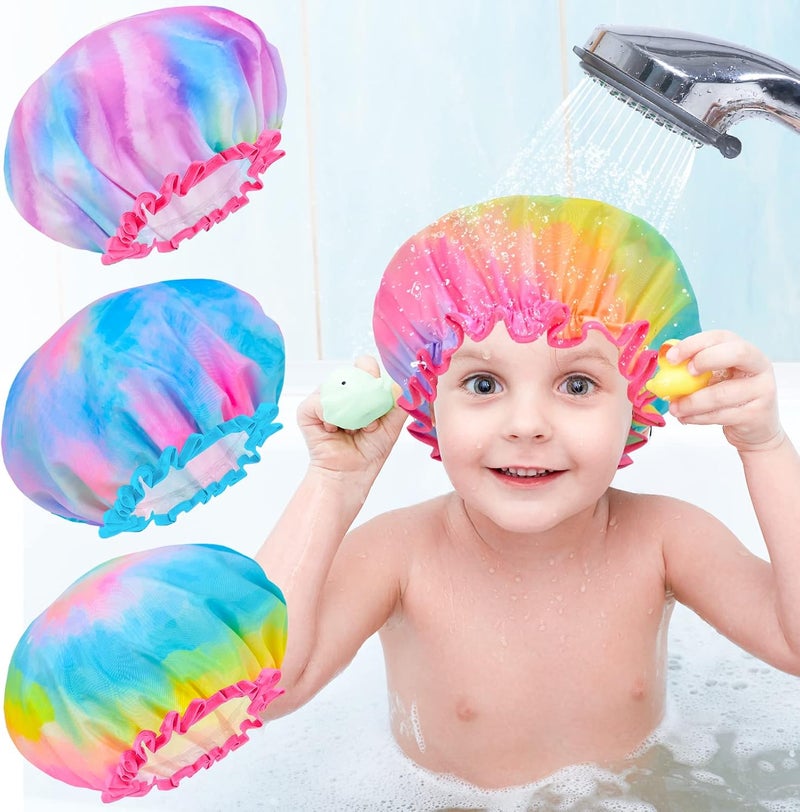 Shower Cap for Kids 3 Pcs Kids Shower Caps for Girls Cute Rainbow Hair Cap Wide Elastic Band Plastic Reusable Waterproof Toddler Shower Cap Large Bath Cap for Kids Girls Women