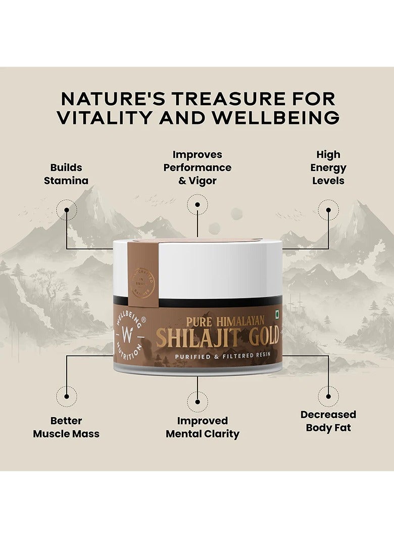 Wellbeing Nutrition Pure Himalayan Shilajit Gold Resin for Strength, Stamina, Performance, Stress Relief and Vitality | With Ashwagandha, Safed Museli & Swarna Bhasma (24K Gold Leaf) - Image 4