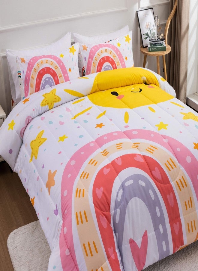 Btargot Lightweight Soft 3 Piece Rainbow Comforter Set with 2 Pillow Covers, Cartoon Love Hearts Flowers and Sun Star Bedding Set for Girls Boys Kids, Full Pink - Image 3
