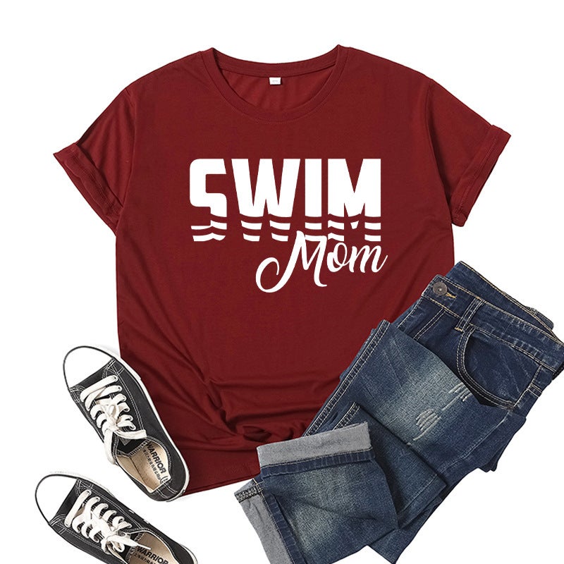 Foreign Trade Cross-border Swimming Mom Swim Mom Printed Short-sleeved Round Neck T-shirt European and American Mens and Womens Top Loose Casual Wine red 