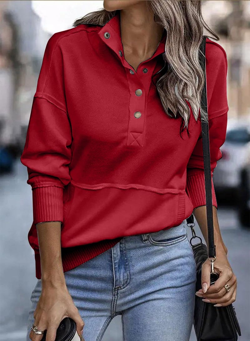 Shein SHEWIN Womens Sweatshirt Casual Long Sleeve Lightweight Sweatshirts Loose Button V Neck Pullover Tops Fall Clothes for Women 2025,US 12-14(L),Deep Red - Image 3