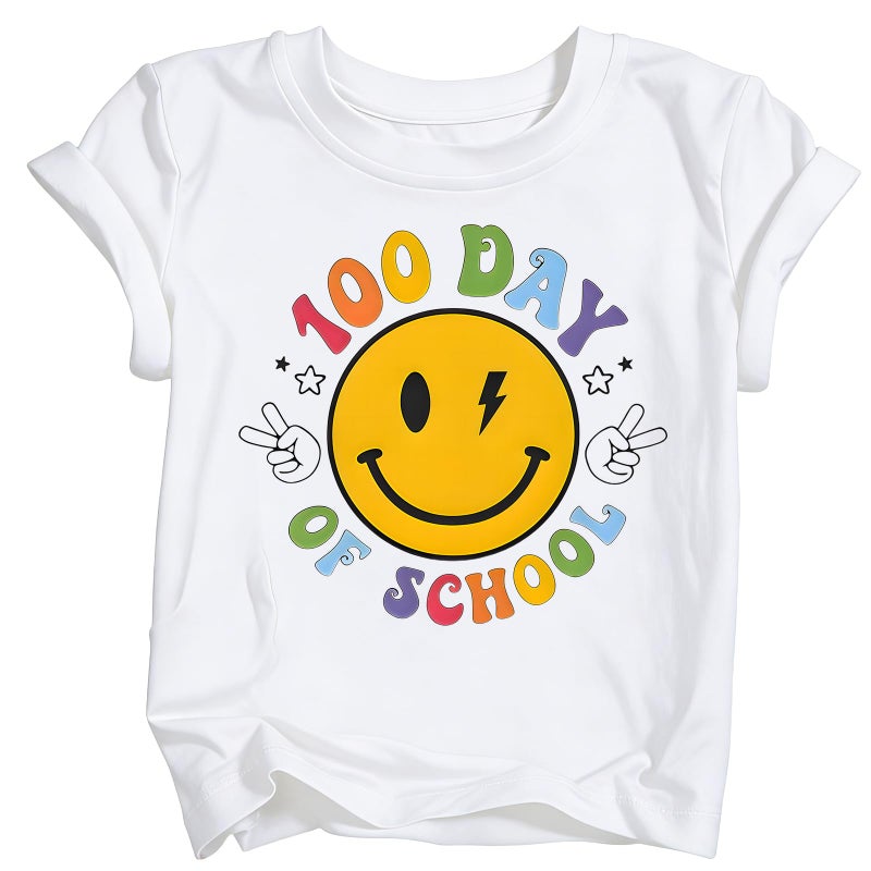 YWAGK 100 Days of School Shirt Kids Boys Smile Face 100th Day of School T-Shirts Toddler Graphic Tee Tops White (3-4 Years) - Image 1