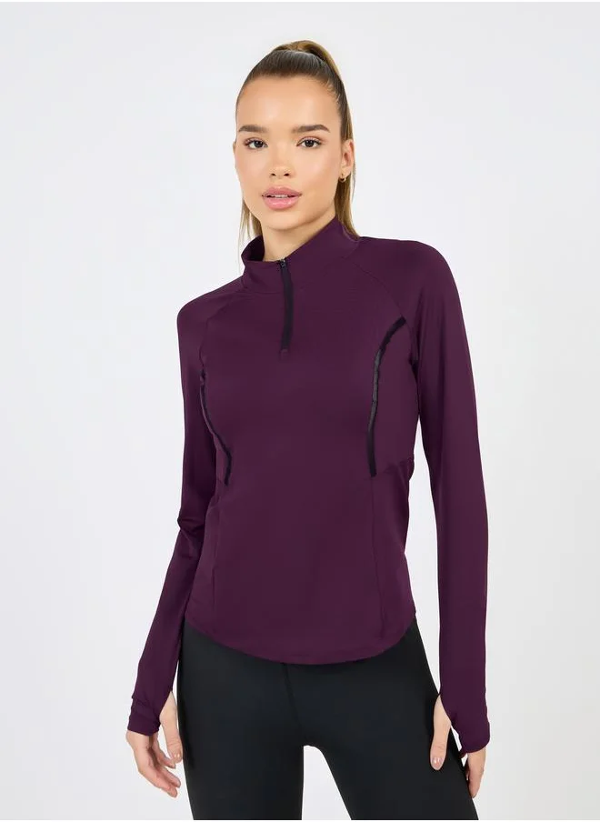 Styli Styli Half Zip Body Contour Stitch and Peep Mesh Insert Top